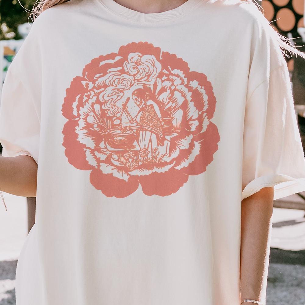 Skeleton Stirring Cauldron in Marigold Petal Border Tee